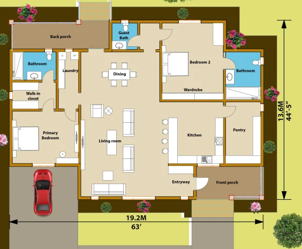 Spacious 2 bedrooms floor plan layout