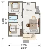 2 bedrooms house with kitchen and 1 bathroom floor plan