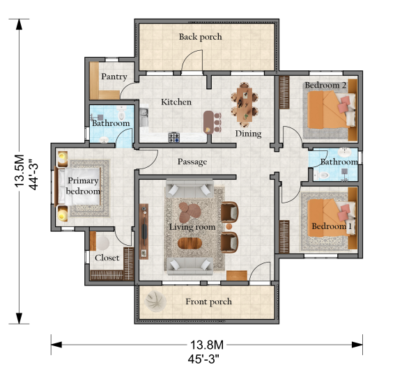 3 bedrooms floor plan and furniture layou