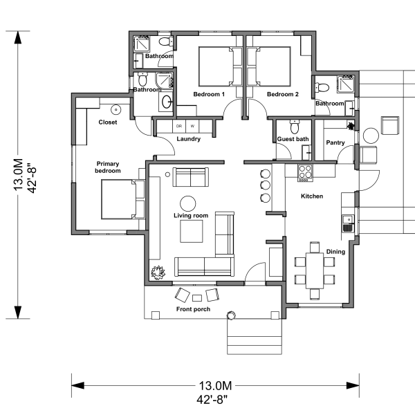 Floor plan of Modern bungalow house design 13 meters by 13 meters