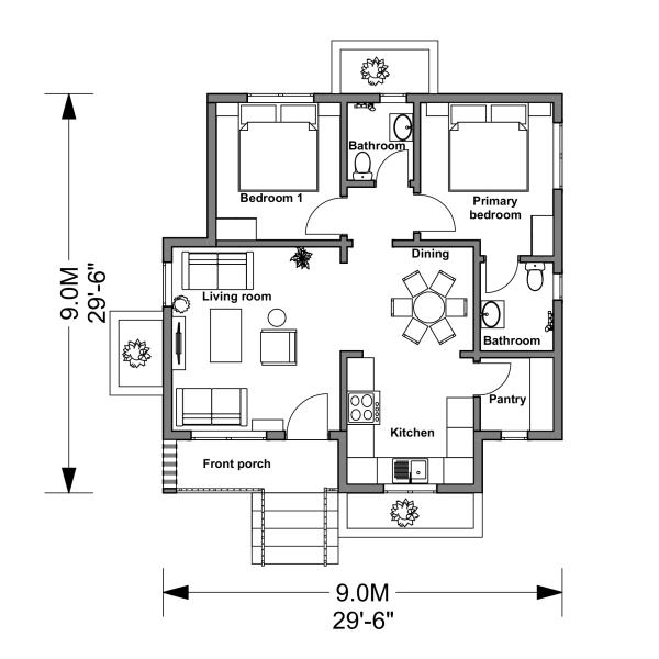 9 meters by 9 meters 2 bedrooms house design floor plan layout