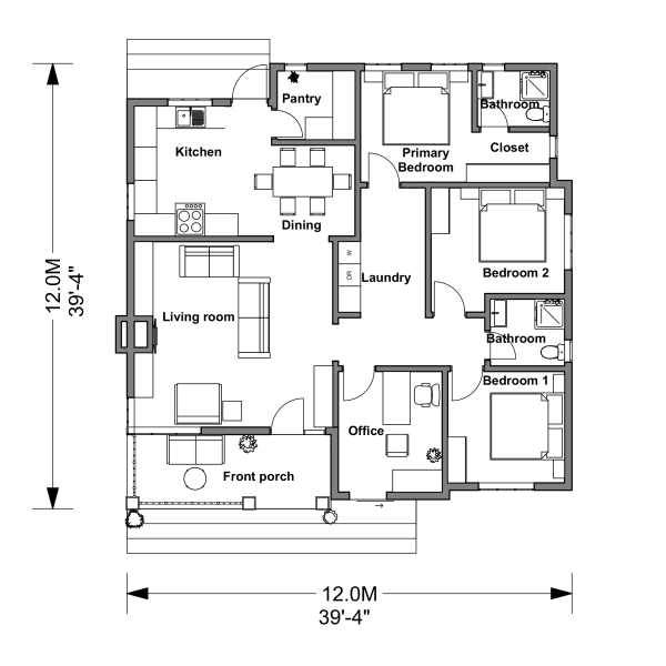 12 meters by 12 meters 3 bedrooms floor plan