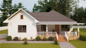 Front view, simple 4 bedrooms bungalow house design