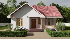 Front view of 10Mx15m 3 bedrooms house design with floor plan