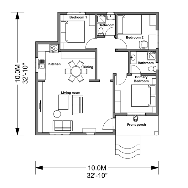 10MX10M 3 BEDROOMS FLOOR PLAN