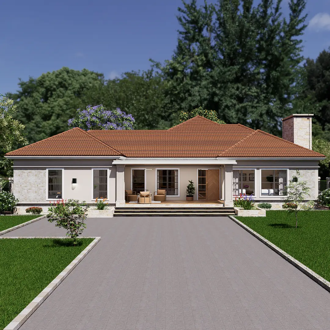 4 bedroom bungalow house design with floorplan front view