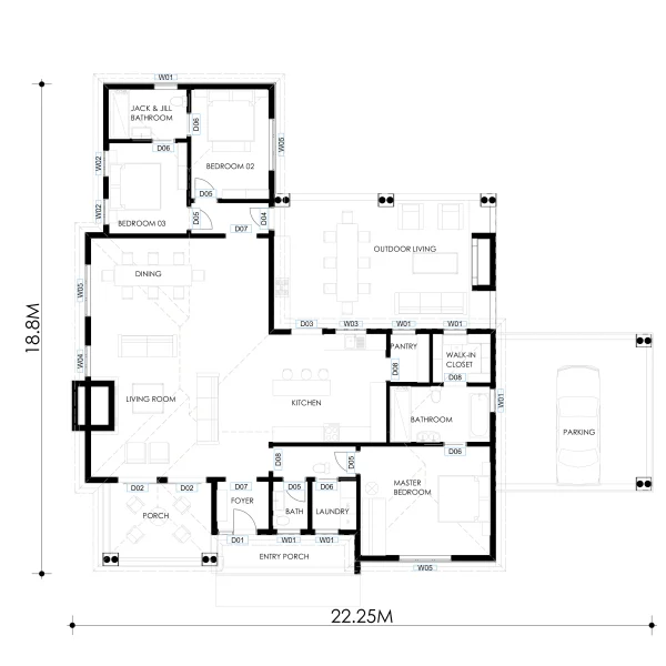 18.8M X 22.25M 3 Bedroom house design. RMC46