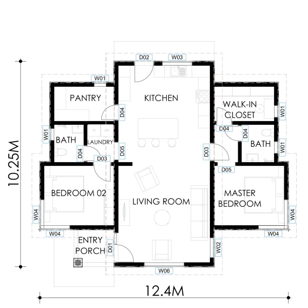 RMC50 Skillion roof 2 bedroom house design floorplan