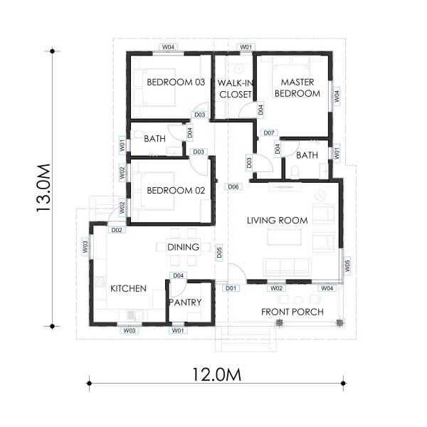 Skillion roof 3 bedroom house design RMC51 floorplan
