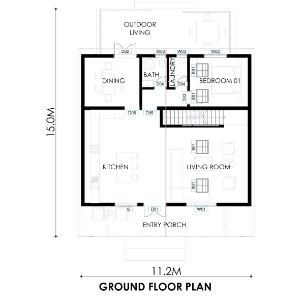 RMC52 3 bedroom A frame house design ground floor