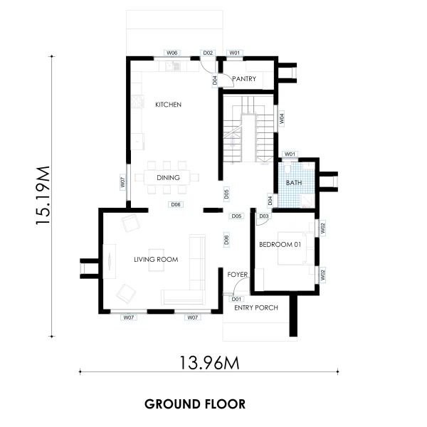 RMC53 4 bedroom flat roof maisonette house design ground floor plan