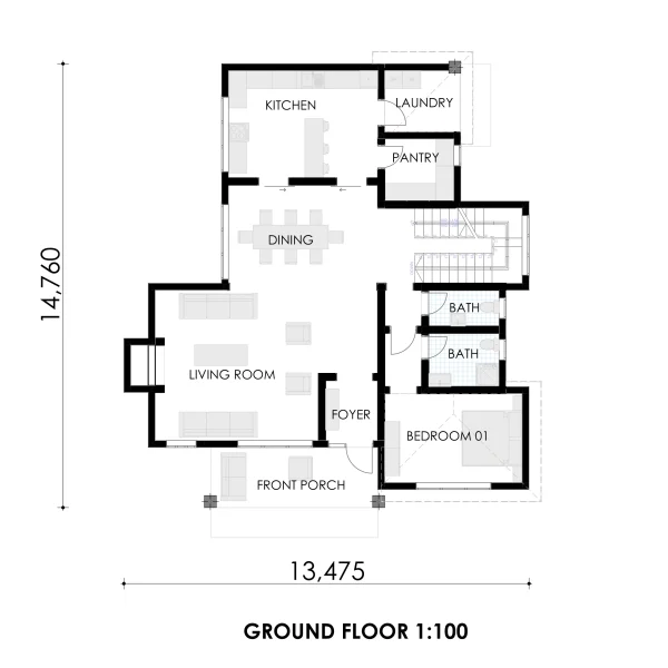 RMC55 3 Bedroom maisonette house design ground floor plan RMC55 3 Bedroom maisonette house design ground floor plan