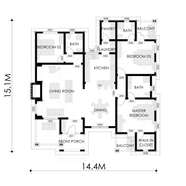 RMC57 3 bedroom house design architectural plans floor plans