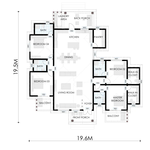 Modern 4 Bedroom house design 19.5M X 19.6M. RMC58