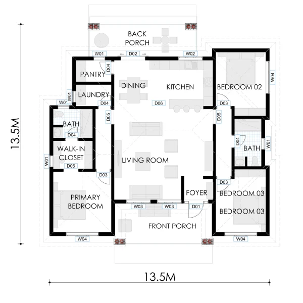 RMC61 Modern 3 bedrooms house design floorplan RMC61 Modern 3 bedrooms house design floorplan