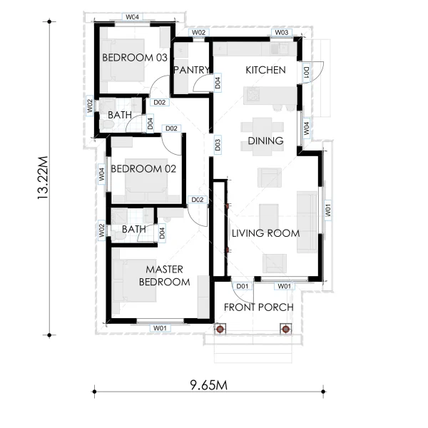 RMC59 small 3 bedroom house design floorplan